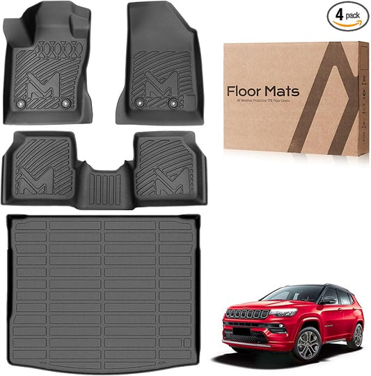 Floor Mats & Cargo Liner Custom for 2017-2026 Jeep Compass New Body Style 2nd Generation, Floor Liners TPE Automotive All Weather Cover Protection Waterproof Black Front & Rear Row Full Set Car Mats
