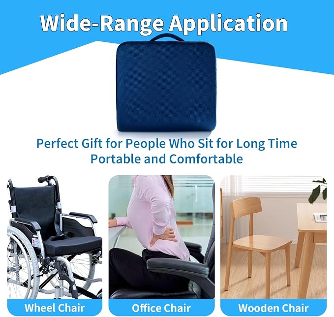 YOUFI Extra Thick Large Seat Cushion -19 X 17.5 X 4 Inch Gel Memory Foam Cushion with Carry Handle Non Slip Bottom - Pain Relief Coccyx Cushion for Wheelchair Office Chair (Blue (1PACK))