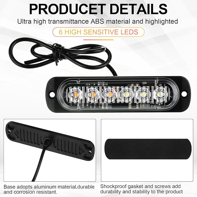 20 Pack LED Emergency Strobe Lights 6 LED Amber White Surface Mount Flashing Lights Warning Emergency Flashing Lights Construction Caution Lights for Truck Off Road Car Firefighter Vehicles ATV SUV