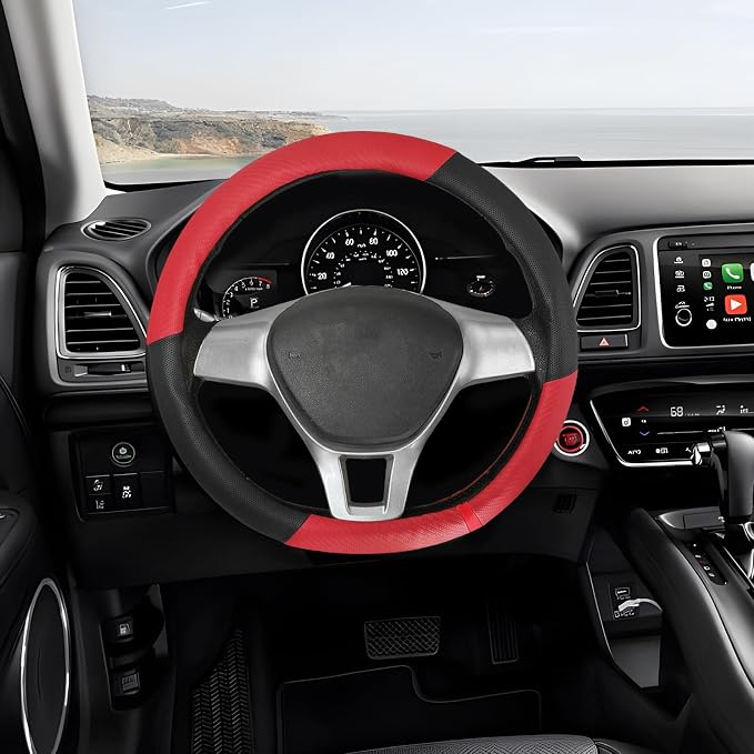 Car Steering Wheel Cover, Breathable Carbon Fiber Wheels Protective Cover Interior Accessories, Universal Anti Slip Protector for Most 14.5-15 Inch Steering Wheels (Red)
