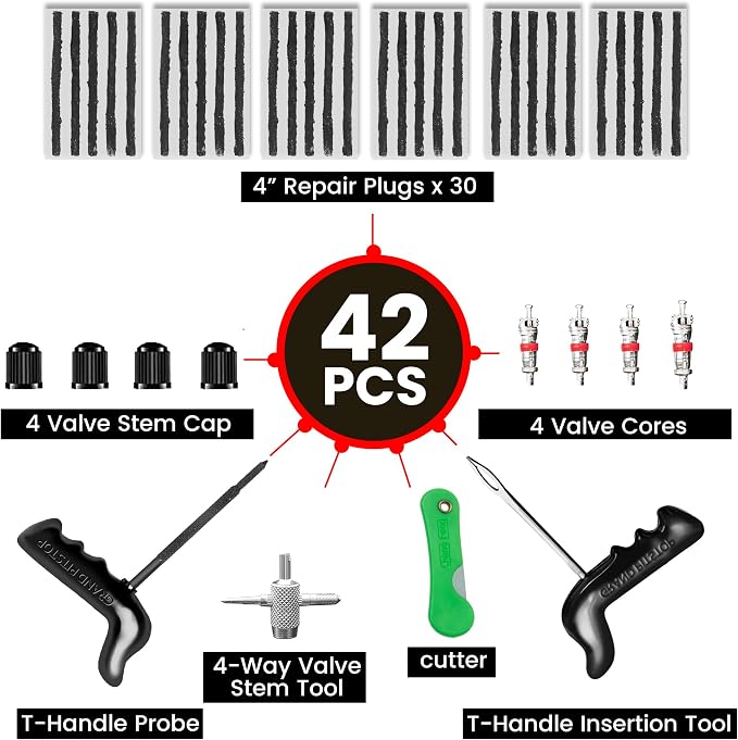 GRAND PITSTOP 27 Pcs Universal Tire Repair Kit, Heavy Duty Car Emergency Tool Kit for Flat Tire Puncture Repair, Compact Kit for Autos, Cars, Motorcycles, Trucks, RVs, etc. (30 Strips)