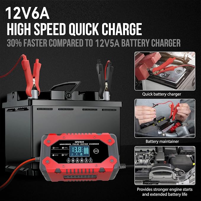 Battery Charger 6-Amp 12V Automatic Smart Battery Trickle Charger, Battery Maintainer Desulfator with Temperature Compensation for Car Truck Motorcycle Lawn Mower Marine