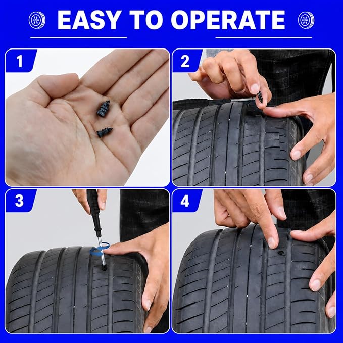 62 PCS Tire Repair Rubber Nail Kit with Sealant Glue & Screwdriver, Premium Spiral Screw-in Tire Plugs with 2 Sizes - Emergency Roadside Flat Tire Fix for Car Truck Motorcycle ATV SUV
