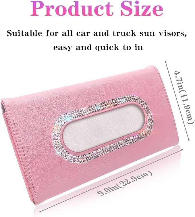Bling Car Visor Tissue Holder, Diamond Mask Holder for Car Visor, PU Leather Tissue Box Holder,Wipes Case for Car Visor, Sun Visor Napkin Holder(Pink)