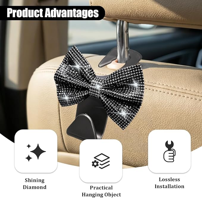 2PCS Bling Bow Headrest Hooks, Car Seat Bag Hangers, Black | Pvc and rhinestone construction, butterfly bow decoration, rear seat storage, bag and coat hanging, car interior accessories