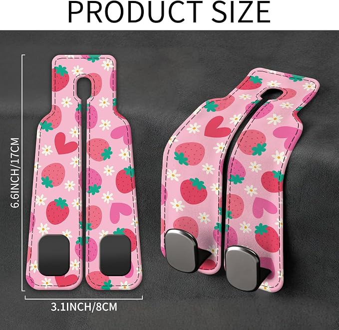 Car Seat Back Storage Headrest Hook, Premium Leather Double Metal Hook, Hanger Storage Organizer for Purse Cloth Bag, Car Interior Accessories Cute Pink Strawberry
