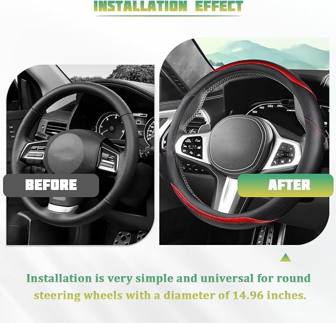 Car Steering Wheel Cover, Carbon Fiber Breathable Vehicle Steering Wheel Cover Wrap with Anti-Slip Lining, Automotive Interior Decorative Accessories, Universal for SUV RV Truck (Red)