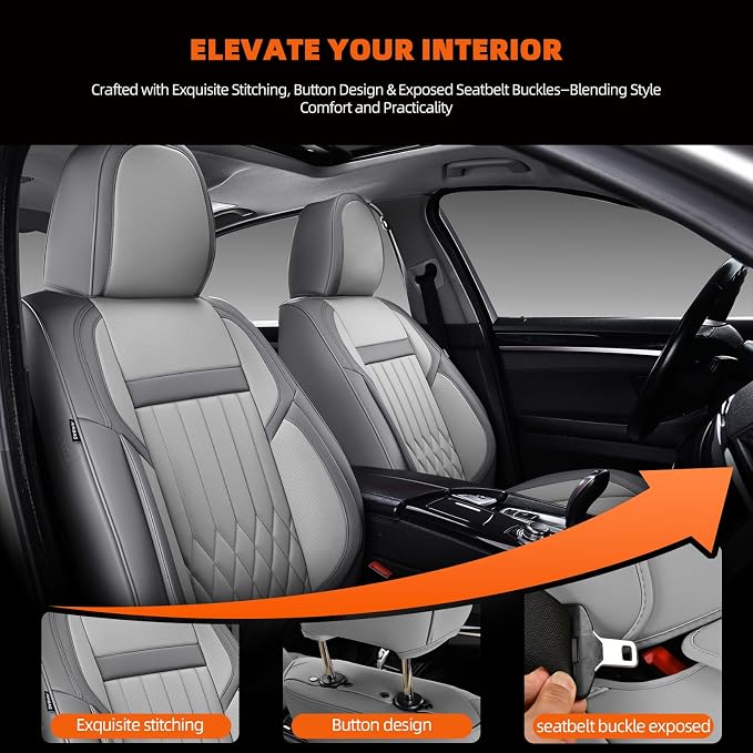 Universal 5-Seater Waterproof Breathable Nappa Leather Car Seat Covers Full Set, Compatible with Toyota Corolla Camry, Lexus LS400, Nissan Rogue, Fit Front Rear Seats Most Sedans SUV- Gray