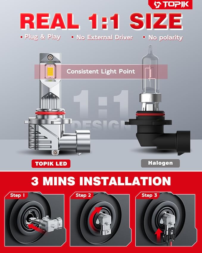 TOPIK 9005/HB3 Bulbs, 900% Super Bright, 42,000LM 6500K Cool White | Plug and Play, Anti-Flicker, IP68 Waterproof, 1:1 Halogen Size, Perfect for Cars, Trucks, SUVs (Pack of 2)