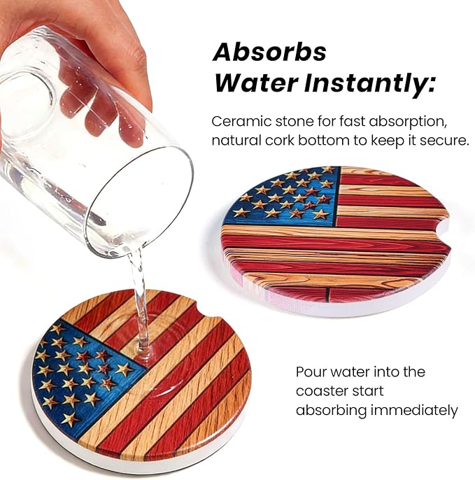 2 Pack American Flag Car Coasters for Men Women Car Cup Holder Coasters, 2.63 Inch Anti Slip Ceramic Absorbent Coaster with Cork Base and Finger Notch, Funny Car Accessories Interior