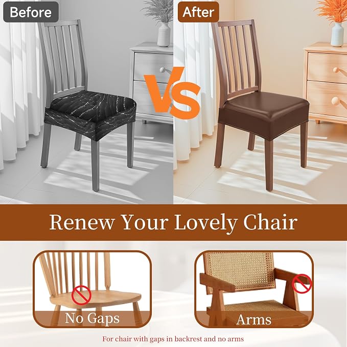 Waterproof Dining Chair Seat Covers Leather Kitchen Seat Covers, Stain Resistant Stretch Chair Seat Covers for Dining Room Chairs Set of 8, Rear Covered Washable Dining Chair Covers Coffee