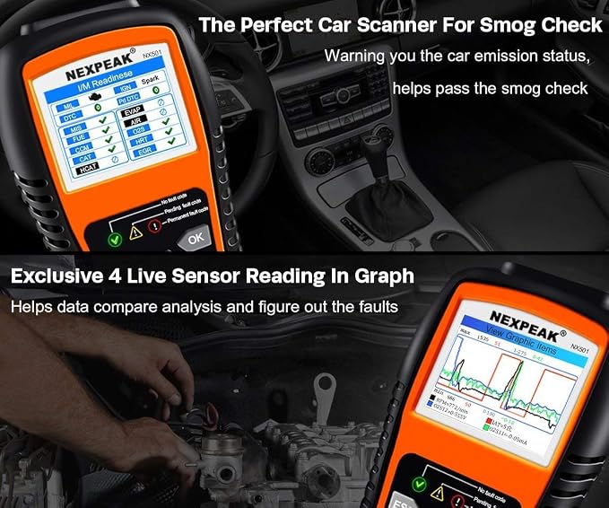 NEXPEAK NX501 OBD2 Scanner Enhanced Code Reader for All Post-1996 Vehicles | Professional OBD2 scanner reads/clears engine codes, monitors battery, 10 modes & live data on color screen，plug and play