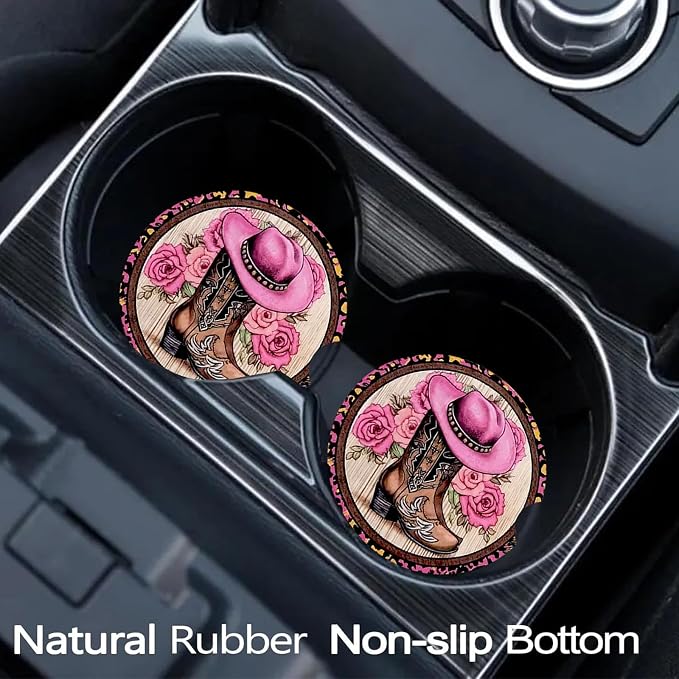 2 PCS Cowgirl Hat Boots Car Cup Holder Coasters Universal Neoprene Coasters | 2.75" Universal Size Anti Slip Rubber Mat,Auto Cup Holder Accessories for SUV Truck, Western Cowboy Gifts for Women Men Mom