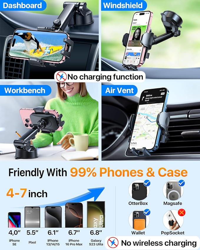 HTU Car Phone Holder【2026 Upgraded 100+LBS Suction & Safety Cert】 Cell Phone Car Mount for Truck Heavy Duty Phone Holder for Dashboard/Windshield/Vent for iPhone 17 16 Pro Max, Purple