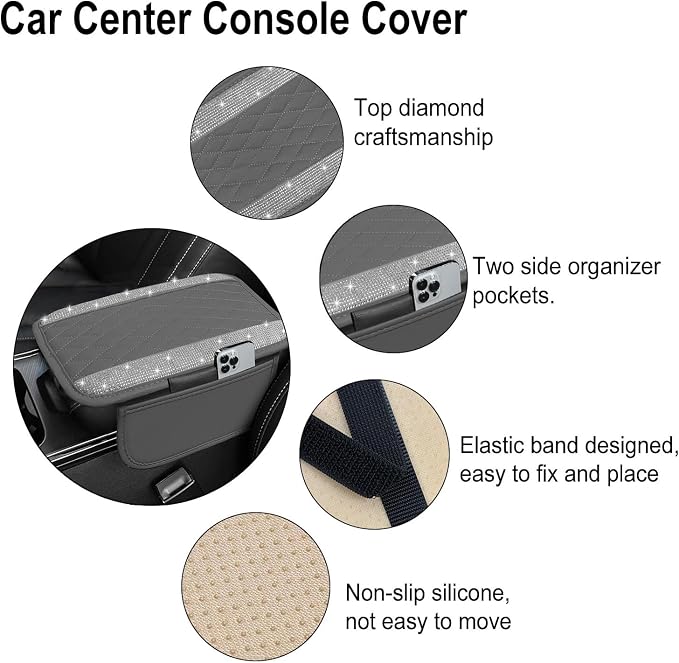 NBTEPEM Bling Grey Car Center Console Cover, Leather Car Arm Rest Cover with 2 Storage Bags, Universal Auto Armrest Protector Storage Box, Bling Accessories Interior for Most Vehicles