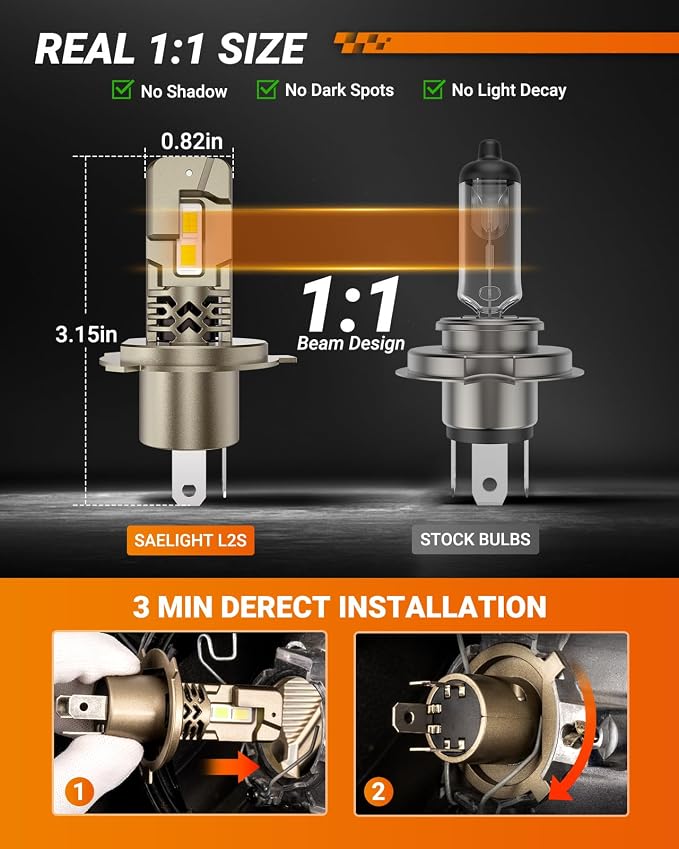 SEALIGHT H4/9003/HB2 LED Bulbs 50000LM Super Bright, 10X Brighter 6500K White, Canbus Ready Direct Fit, IP68 Waterproof and 25000RPM Cooling Fan, 70000Hrs Long Lifespan, Plug-N-Play, Pack of 2