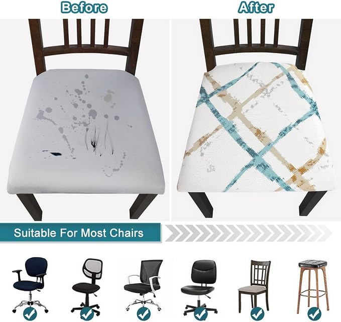 SearchI Seat Covers for Dining Room Chairs Stretch Printed Chair Seat Covers Set of 4, Removable Washable Upholstered Chair Seat Protector Cushion Slipcovers for Kitchen(Geometric Stripe)