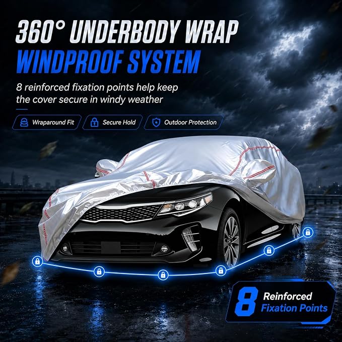 Waterproof All Weather Heavy Duty Vehicle Cover, 360° Underbody Wrap Windproof Design, Quick Install Outdoor Cover,（for Kia K5 2020-2025）