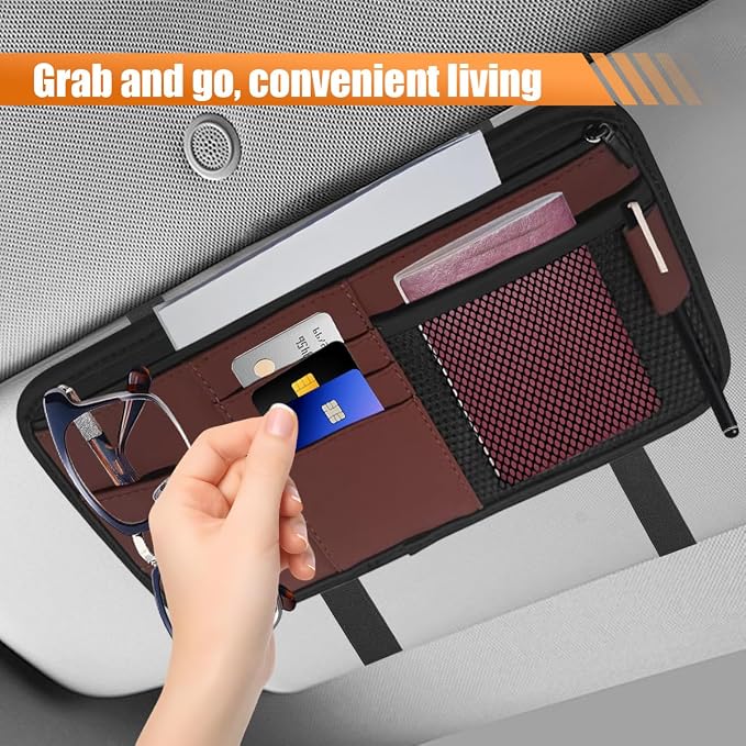 Car Sun Visor Organizer, PU Leather Automotive Visor Storage Pouch Holder with Multi-Pocket, Vehicle Interior Organizer Accessories for Sunglasses, Pen, Key, Phone, Cards, License(Red)
