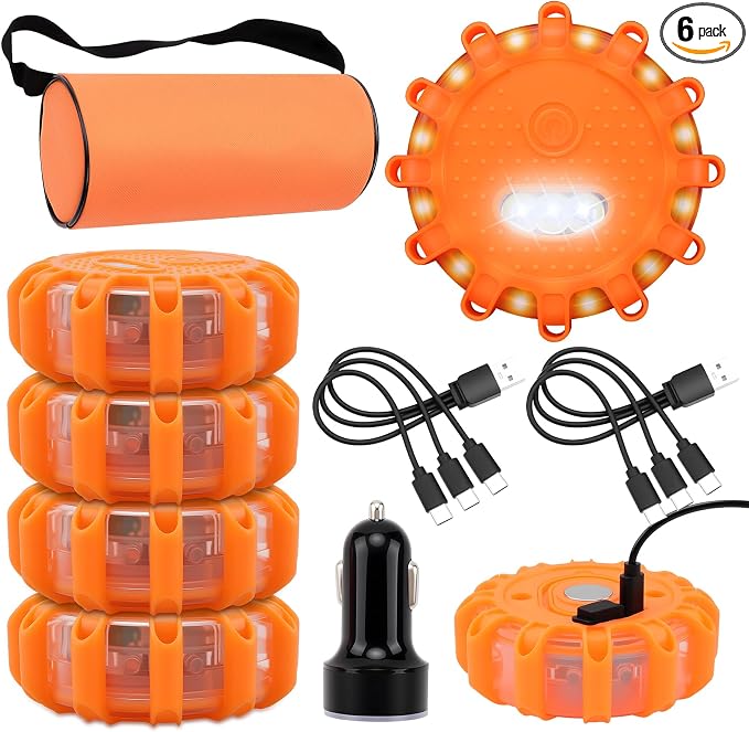 6 Pack USB Rechargeable LED Road Flares Emergency Lights, Roadside Warning Car Safety Beacon Flashing Disc Flare Kit with Magnetic Base for Vehicles & Boat&Truck