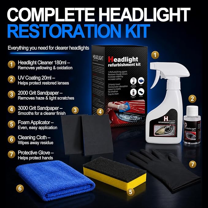 Car Headlight Restoration Kit: Cleaner and Restorer Kit for Automotive | Restore headlamp clear from yellowing oxidation cloudy foggy, clean and polish plastic lens