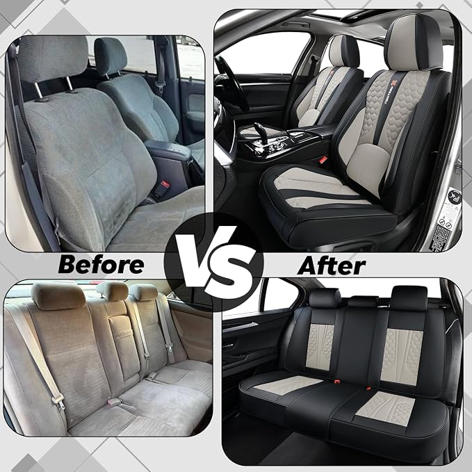 Black and Grey PU Leather Car Seat Covers | Luxury Waterproof Car Seat Covers with Lumbar Support, Non-Slip Base, Airbag Compatibility, Easy Installation and Cleaning