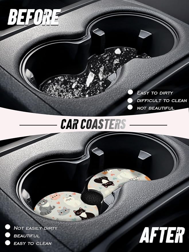 Car Cup Coasters,2 Pack Car Coaster,2.75inch Anti Slip and Absorbent Cars Coasters for Cup Holders,Neopren Accessories for Women,Cute Decor for Women (Cute Cats)