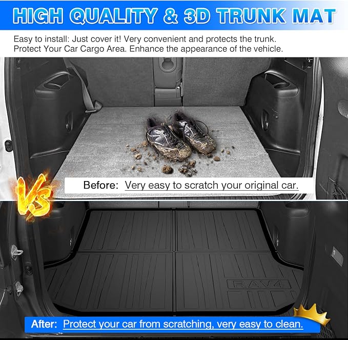 Rav4 Cargo Liner - Trunk Mat for Toyota RAV4 2006-2012, All Weather Cargo Mat for Rav4 Accessories, Heavy Duty Car Mats, Car Accessories
