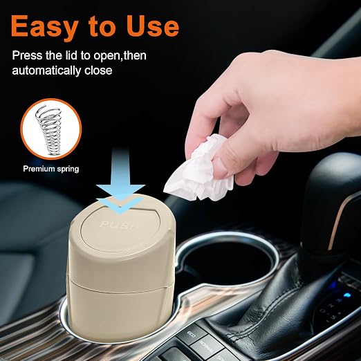 Car Trash Can, 2 Packs Mini Car Garbage Can Cup Holder with Lid | Leakproof Car Trash Bin with 60 Trash Bags, Vehicle Front Back Seat Organizers and Storage for Car, Home, Office, Beige