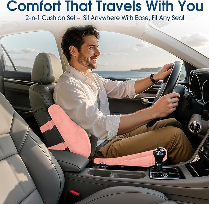 CloudBliss Lumbar Support Pillow & Seat Cushion Set for Office Chair, Desk Chair, Wheelchair & Car – Memory Foam Back Support, Ergonomic Chair Cushions, Sciatica Pain Relief, Home Essentials, Pink