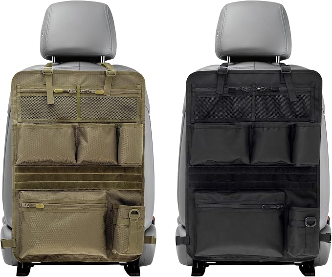 Backseat Car Organizer,Tactical Car Seat Back Organizer, Kick Mats Back Seat Protector with Three Zippered Storage pockets, Travel Accessories with 8 Storage Pockets And DIY zone (Sand Brown)