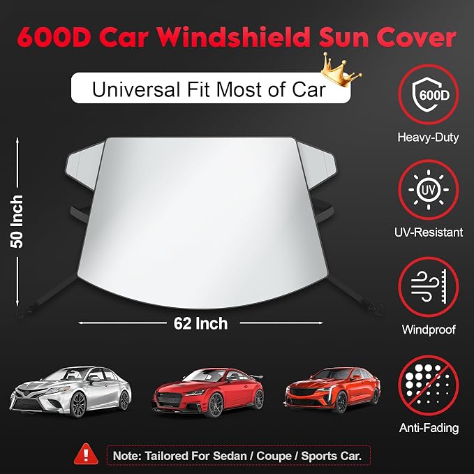 Zettum Car Windshield Sun Cover - 600D Windshield Sun Shade Window Cover Heavy Duty & UV Resistant, Outside Summer Sunshade Protector for Most Sedan Cars (62 x 50 Inch)