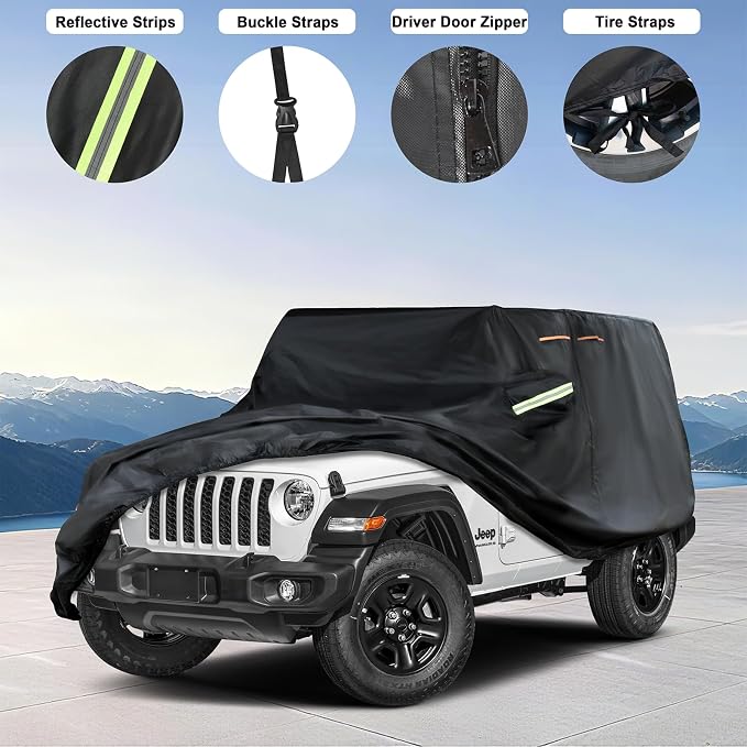 INSAUTO Custom Fit Car Cover for Jeep Wrangler 2 Door 1987-2025 JK JL CJ YJ TJ, Waterproof All Weather Full Exterior Protection, Sun Rain Snow, with Driver Door Zipper