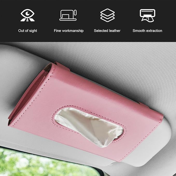 Ohleats Car Tissue Holder, Leather Sun Visor Napkin Holder, Auto Backseat Tissue Mask Case Dispenser for Most Vehicles, Universal Interior Car Accessories Hanging Tissues (Pink)