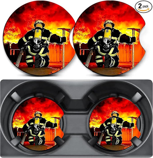 2 Pack Firefighter Car Coasters for Cup Holders,Neoprene Anti Slip Mat | 2.75" Universal Size,Auto Rubber Drink Coasters Decor Car Accessories Interior Firefighter Gifts for Women Men