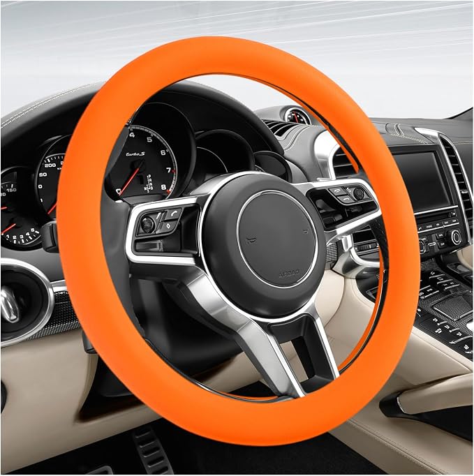DXNQ Car Steering Wheel Cover, 13 to 14.17 inches Anti-Slip Silicone Steering Wheel Protector, Soft Flexible Shock-Absorbent Steering Wheel Protective Cover for Most Car Models (Orange)