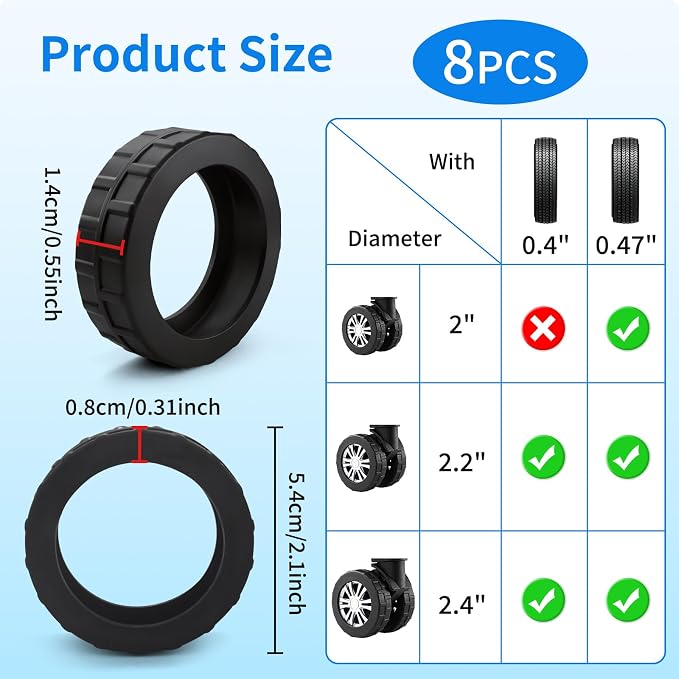 WEDDINGHELPER 8 PCS Silicone Luggage Wheel Covers, Suitcase Wheel Protectors, Anti-Slip Noise Reducing Luggage Wheel Covers Fits 2" - 2.4" for Carry On Luggage Wheels, Black