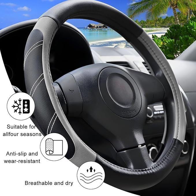Zpana Car Steering Wheel Cover, 15 Inch Carbon Fiber Leather Non-Slip Steering Wheel Protector with Lining, Breathable Automotive Interior Accessories, Universal for SUV RV Truck (Gray)
