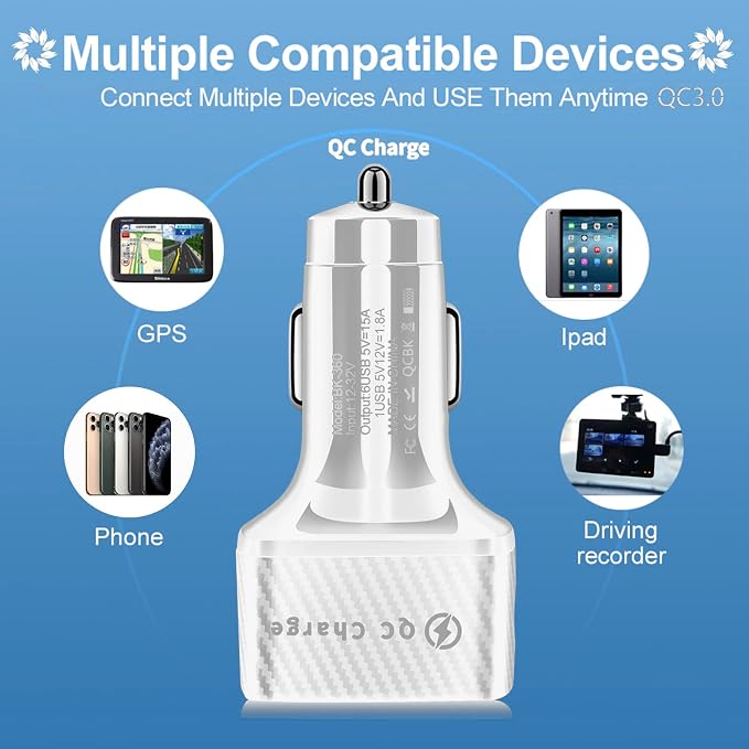Amiss Car Charger Adapter, 6 USB Multi Port, Fast Charger, Include QC 3.0 and 5 Other Ports, Car Interior Accessories, Fit for iPhone 17/16/15/14/13Pro Max, Samsung, Android (White 2pcs)