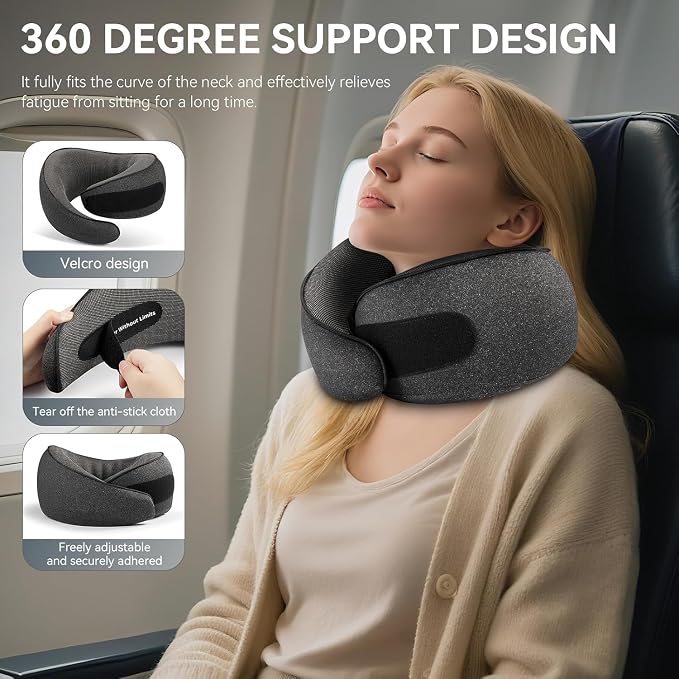 SZXYX Travel Pillows - 100% Pure Memory Foam Neck Pillow for Airplanes, Comfortable Breathable Cover, 360° Support Stowable Pillows for Sleeping, Car, Airport Travel Essentials, Pigeon Grey