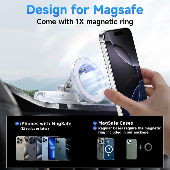 ANDERY Car Phone Holder for Magsafe [78+LBS Strongest Suction & 2400gf Magnetic] 360° Adjustable Car Phone Mount, Phone Holders for Your Car for iPhone 17 Pro Max 16 15 14 13 12 Air Plus, White