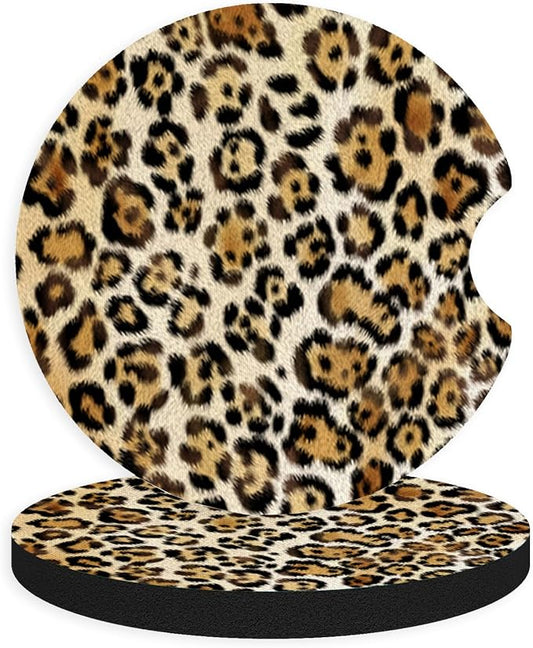 2pcs Cute Leopard Print Car Coasters,Absorbent Universal neoprener Cup Holder Coasters with a Finger Notch,Car Accessories for Women&Man Interior，2.75" 1