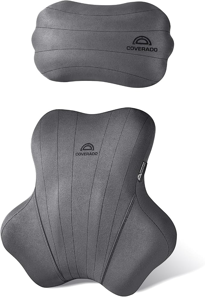 Coverado Car Lumbar Support Pillow and Car Neck Pillow Kit, Ergonomic Design Car Headrest Pillow for Driving, Relax Back Head Muscles Relieve Driving Fatigue, Breathable & Removable Cover