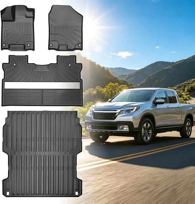 Floor Mats for Honda Ridgeline 2017 2018-2026, 1st & 2nd Row & Bed Liners | TPE Ridgeline Sport,RTL,Trail Sport,Black Edition, RTL-E Floor Mats, Non-Slip Waterproof Summer Winter