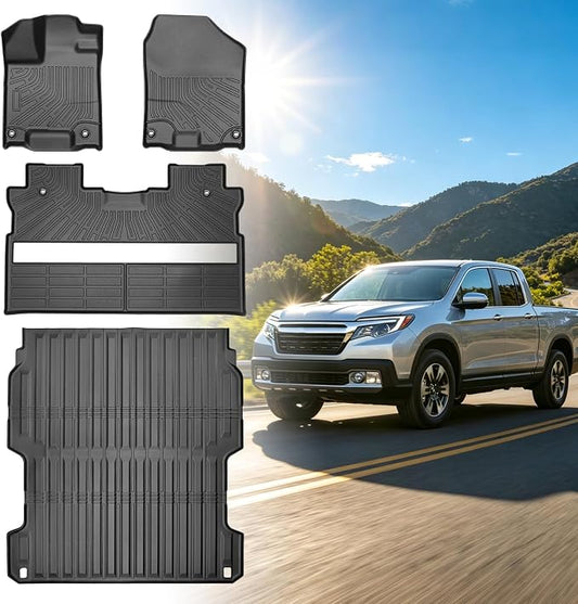 Floor Mats for Honda Ridgeline 2017 2018-2026, 1st & 2nd Row & Bed Liners | TPE Ridgeline Sport,RTL,Trail Sport,Black Edition, RTL-E Floor Mats, Non-Slip Waterproof Summer Winter