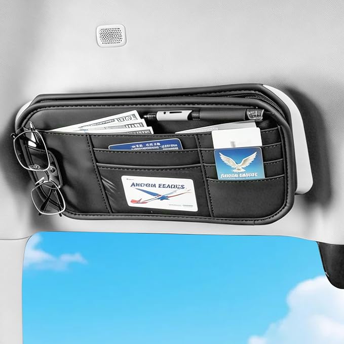 Car Sun Visor Organizer with Multi Pockets PU Leather Zipper Bag | Sunglass Holder with Elastic Straps and Glasses Clip Sunvisor Organizers Universal Fit for Trucks SUV Jeeps & Patrol Vehicles