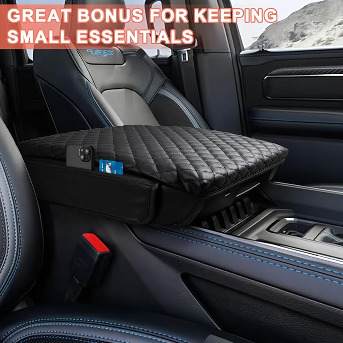 LINOAH Center Console Cover for 2019-2026 Ram 1500 Center Console Cover, Armrest Cushion Pad Accessories with Side Pockets, PU Leather for 5th Ram 1500 Anti-Scratch for Ram 1500 Accessories