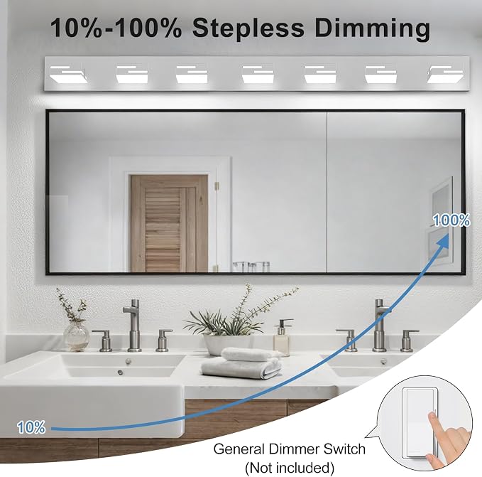 LED Modern Bathroom Vanity Light Fixtures, Dimmable Chrome Vanity Lights for Bathroom Lighting Fixtures Over Mirror, with 360° Rotatable Heads 7-Light 48-inch (Cool White 6000K)