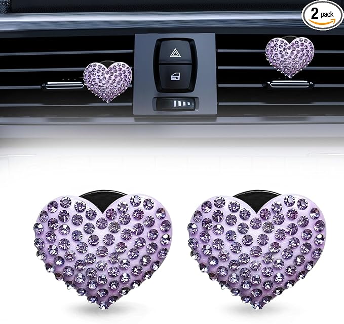 2Pcs Bling Crystal Heart Charms Car Air Vent Clips, Universal Car Interior Decoration Accessories (Purple)