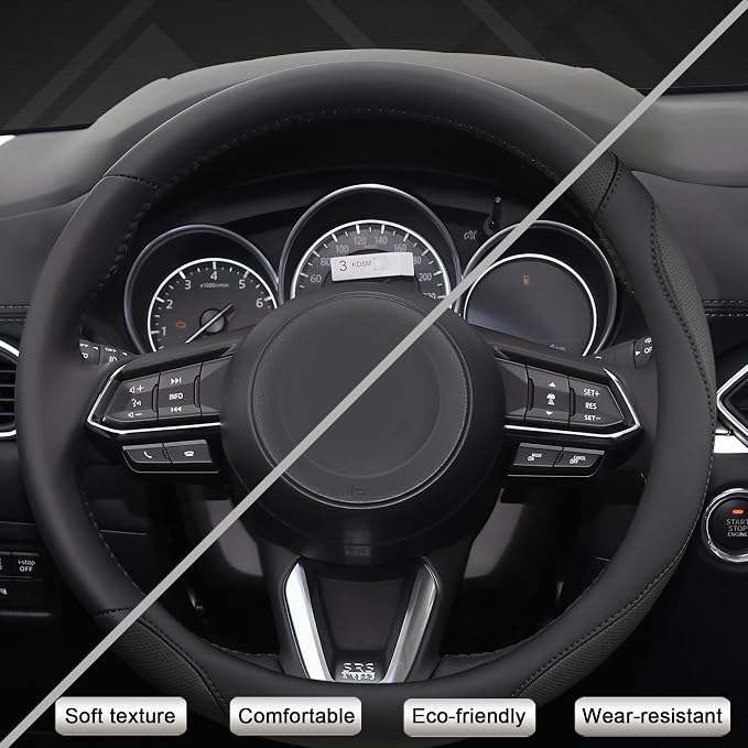 West Llama Car Steering Wheel Cover for Mazda 3,5,6,CX-3,CX-5,CX-30,CX-50,CX9,CX-9,MX-5 Miata,CX-7,RX-8,14.5-15 inches(Black-Standard Size)